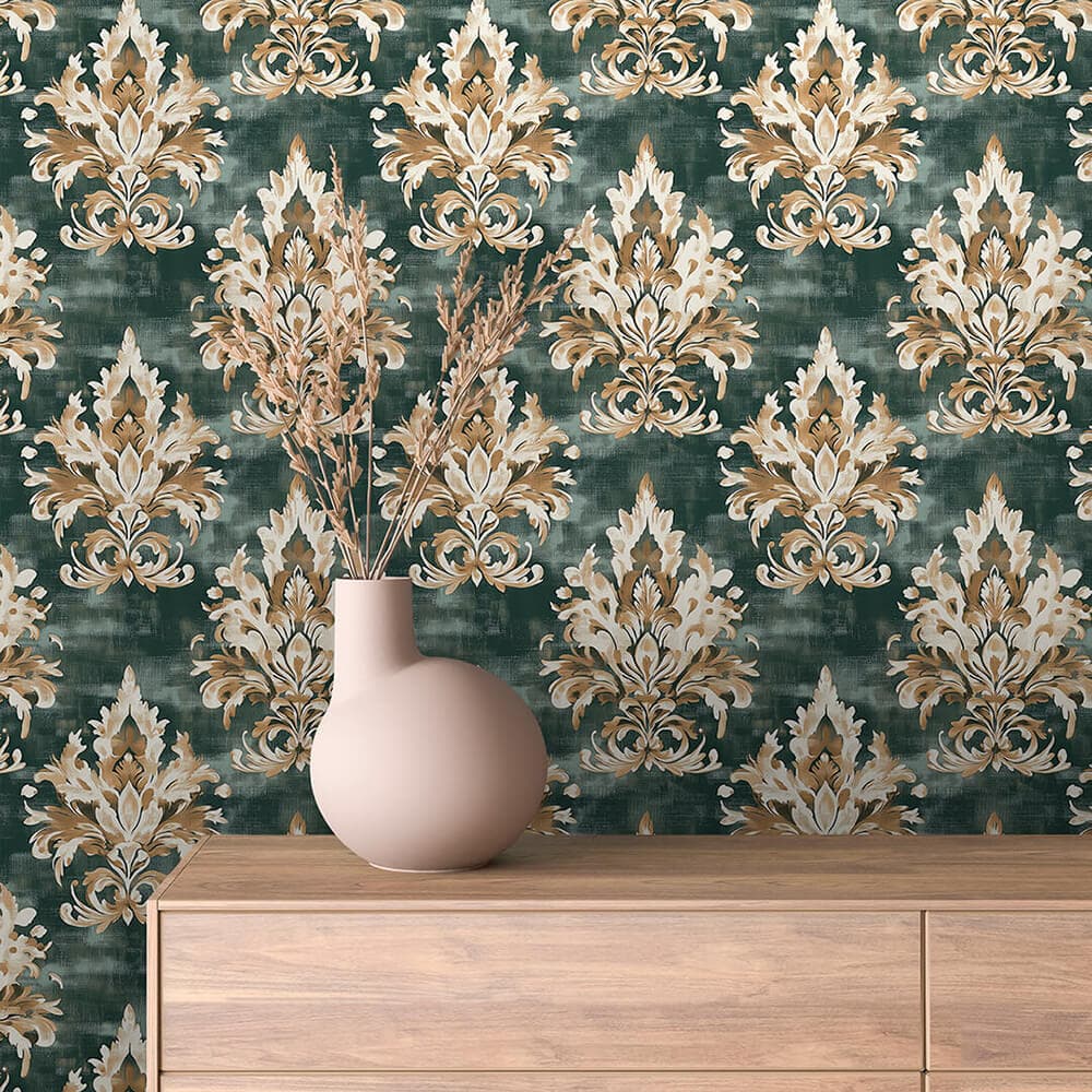 Teal Grey and Gold Ornamental Damask Wallpaper - ARABESQUE 0024