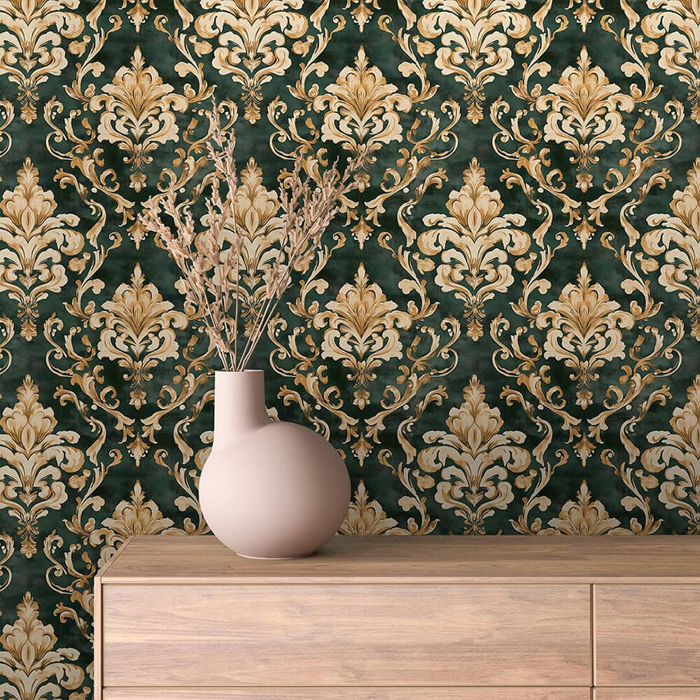 Forest Green and Gold Baroque Wallpaper - ARABESQUE 0026