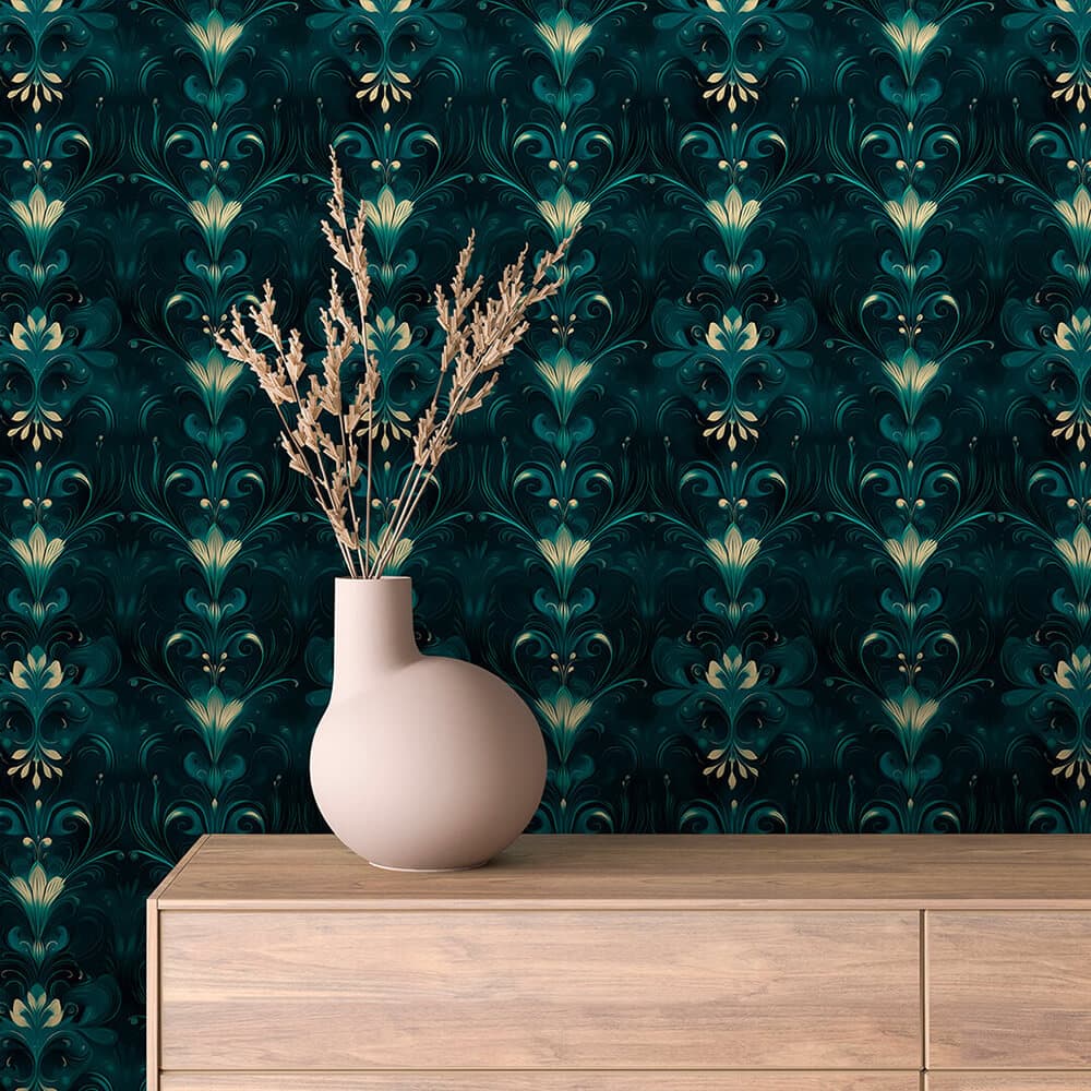 Teal and Gold Jewel Motif Wallpaper - ARABESQUE 0029