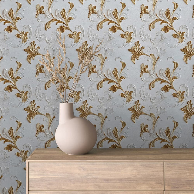 Teal and Ivory Ornamental Wallpaper - ARABESQUE 0030