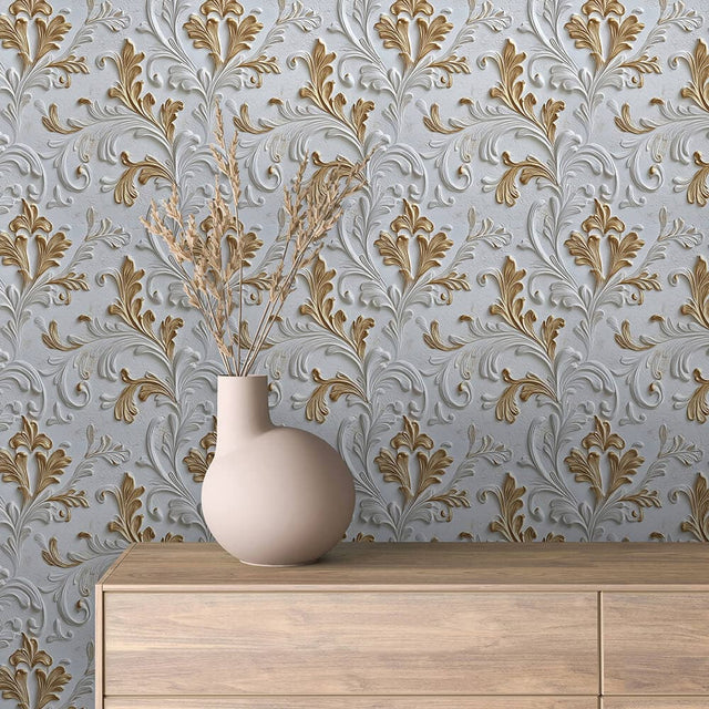 White and Gold Raised Baroque Wallpaper - ARABESQUE 0031