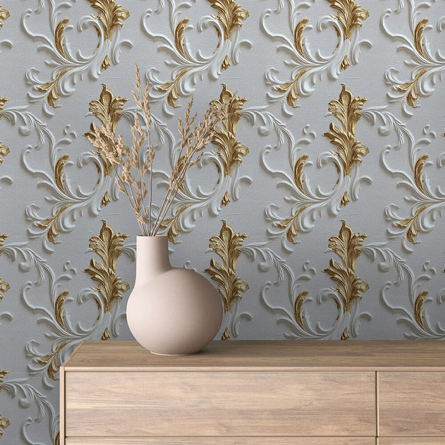Ivory and Gold Classic Scroll Wallpaper - ARABESQUE 0032