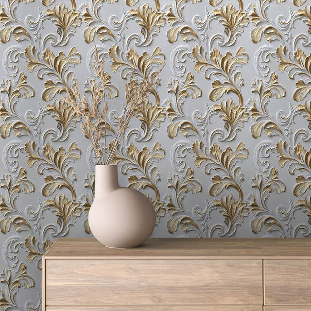 White and Gold Ornamental Relief Wallpaper - ARABESQUE 0033