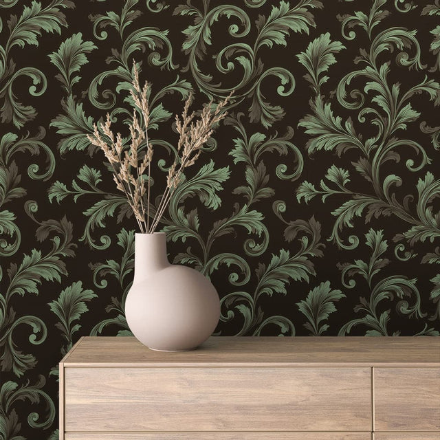 Black and Antique Gold Floral Scroll Wallpaper - ARABESQUE 0036