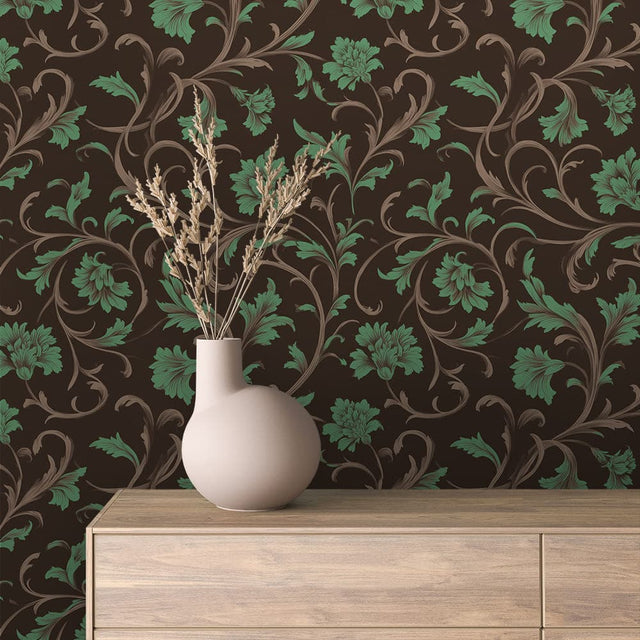 Dark Brown and Sage Botanical Scroll Wallpaper - ARABESQUE 0037