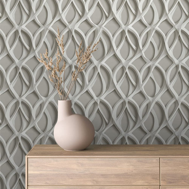 Beige and Charcoal Abstract Ribbon Wallpaper - ARABESQUE 0039