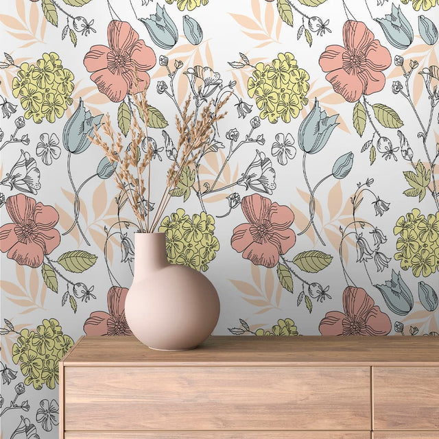 Pastel Garden Sketch Floral Wallpaper – FLORAL 0006