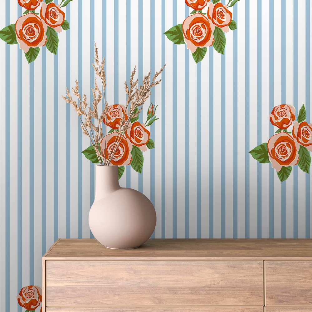 Coral Rose Stripe Floral Wallpaper – FLORAL 0020