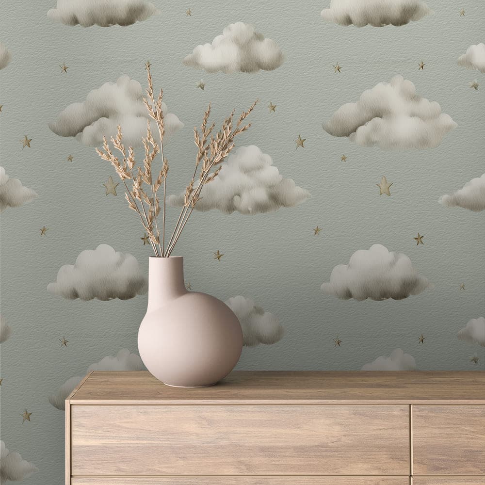 Sage Clouds and Golden Stars Kids Wallpaper - INFANTILE 1379