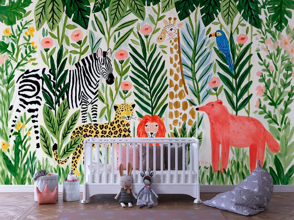 Woodland Safari Animals and Greenery Kids Wallpaper - INFANTILE 1385