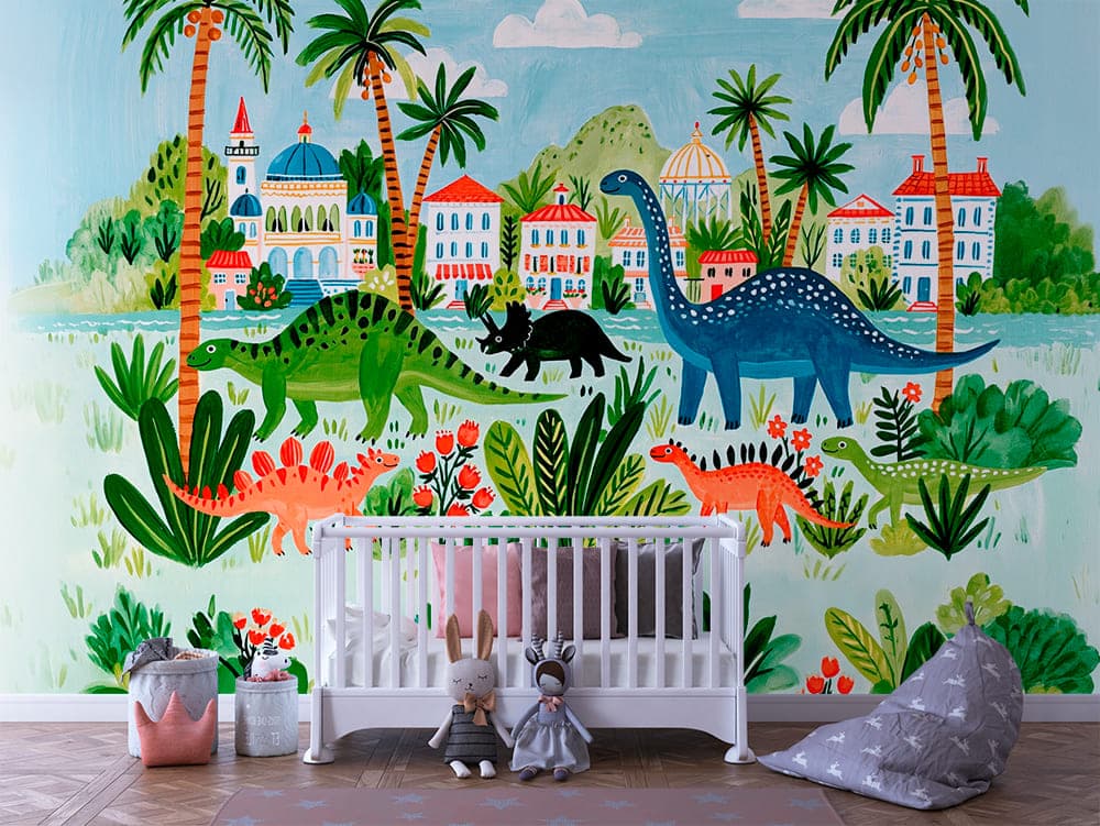Colourful Dinosaur Island Village Kids Wallpaper Mural - INFANTILE 1395