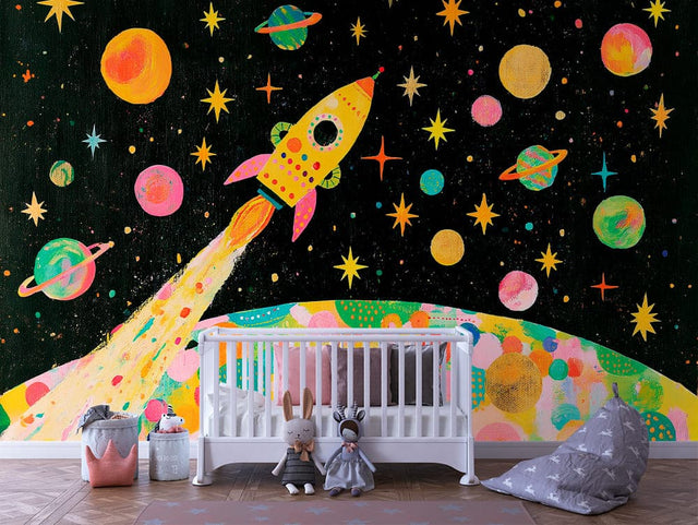 Space Rocket and Colourful Planets Kids Wallpaper - INFANTILE 1398