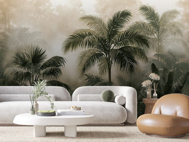 Sepia Mist Palm Grove Botanical wallpaper LEAVES 0138 – room view