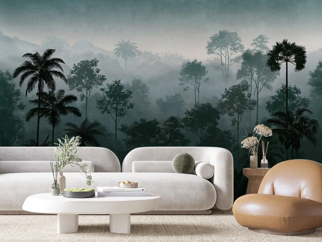 Teal Rainforest Dawn Botanical wallpaper LEAVES 0143 – room view