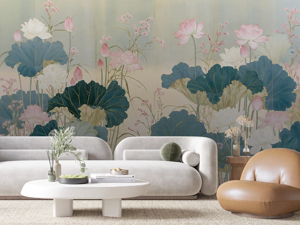 Lotus Pond Serenity Botanical wallpaper LEAVES 0146 – room view