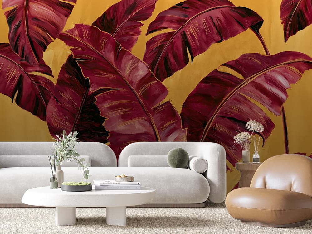 Burgundy Banana Leaf Gold Botanical wallpaper LEAVES 0148 – room view
