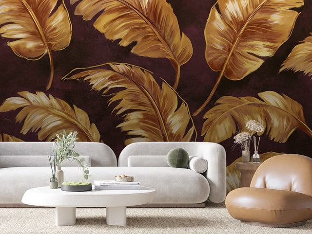 Golden Leaf Aubergine Botanical wallpaper LEAVES 0155 – room view