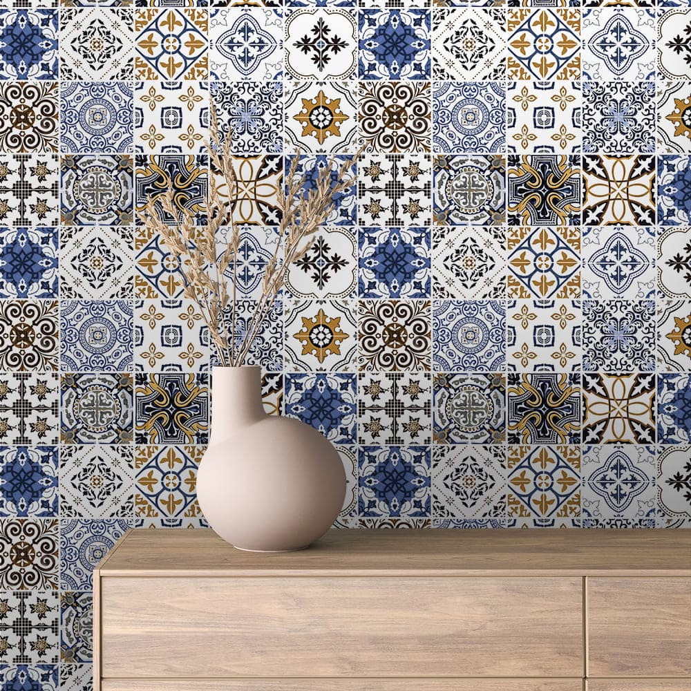 Santorini Blue Ochre Patchwork Tile wallpaper TILE 0006 – room view