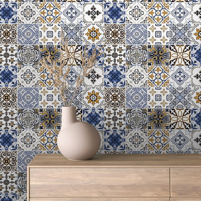 Santorini Blue Ochre Patchwork Tile wallpaper TILE 0006 – room view