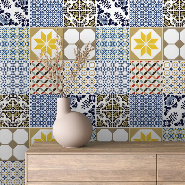 Aegean Blue Gold Patchwork Tile wallpaper TILE 0012 – room view