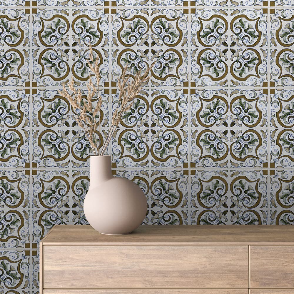 Sevilla Green Gold Scroll Tile wallpaper TILE 0018 – room view