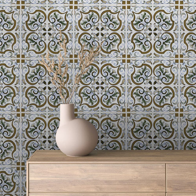 Sevilla Green Gold Scroll Tile wallpaper TILE 0018 – room view
